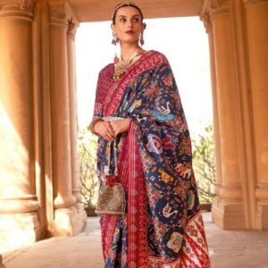 Mulled Wine Blue And Red Printed Patola Saree